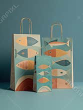 Charming Pastel Paper Bag Packaging Design for a Local Fish Store Showcasing Colorful Fish Illustrations