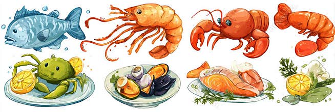 Cartoon-style Seafood Set for Kids Menu Featuring Colorful Illustrations of Fish, Shrimp, Crab, and Delicious Seafood