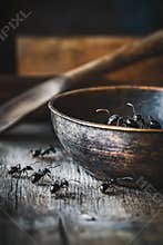 Ants on wooden table