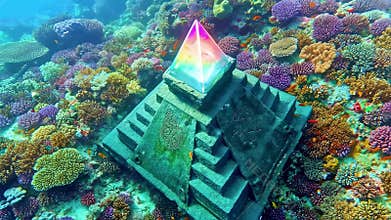 Ancient stone pyramid sits on seabed, glowing crystal adorns top. Colorful corals surround this mysterious underwater