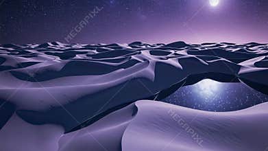 Purple surreal dunes stretch under moonlit sky expressing wonder, future and solitude.
