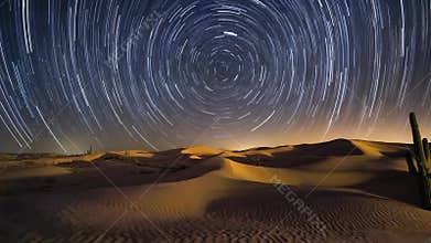 Star trails illuminating cacti and sand dunes in the desert at night