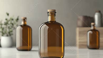 Amber glass bottles with cork stoppers standing on white table