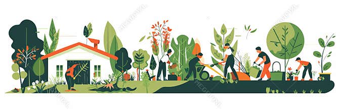 Gardening hobby and job for a woman and a man. Flower planting gardens and flowering trees in gardens.