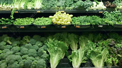 Wide tracking shot of vegetables in a grocery store