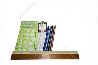 School and Drawing Tools Flat Lay on White