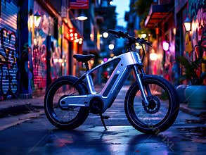 Modern electric bike in vibrant urban alley with colorful graffiti at night