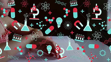 Child tracing Braille book by window, starting science icons fading in and enhancing STEM learning