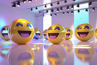 Contented Emojis with Wide Smiles Under Ambient Purple Lighting