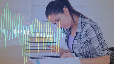 Student starting writing notes for study, bar graphs and waveforms illustrating education data