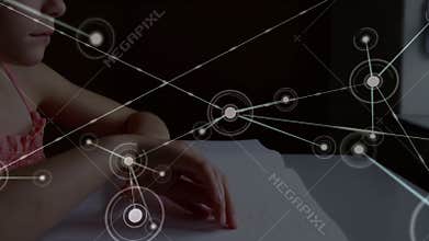 Girl tracing braille pages and activating expanding network graphics around book for education