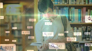 Adult male student flipping pages in education library generating search and user icons diminishing