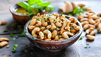 Roasted cashew nuts with herbs in a rustic wooden bowl