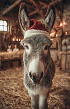 Donkey wearing christmas hat in stable with big ears and sweet face