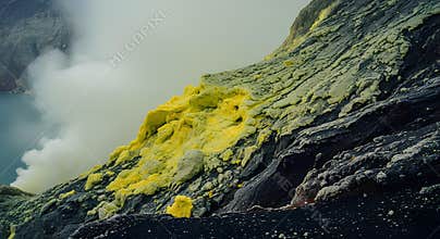 Volcanic crater with vibrant yellow sulfur deposits and steaming fumaroles