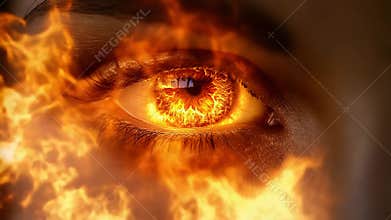Woman with burning eye showing inner strength and power