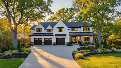 Modern farmhouse shining in golden hour sunlight with landscaping and driveway