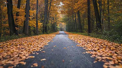 Empty asphalt road covered with fallen leaves in autumn forest