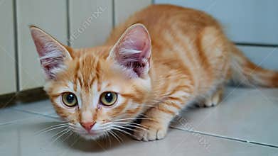 Ginger kitten crouching on floor tiles, ready to pounce