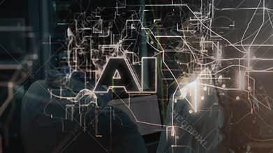 IT engineers reviewing data and launching circuit overlay morphing into glowing AI icon for insight
