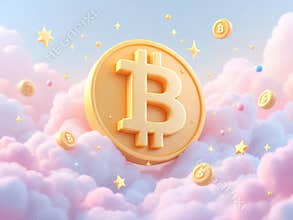 Golden Bitcoin Coin Floating Dreamily Among Pastel Clouds