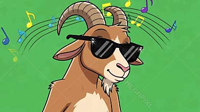 Animated Goat Dancing and Singing Cool Sunglasses Music Notes Green Background