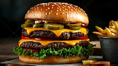 Yummy cheeseburger with french fries & Food Beverages Ad