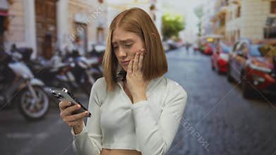 Young blonde woman on urban street looking at smartphone with a puzzled expression as parked scooters and cars line the bustling