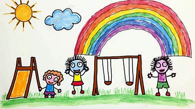 Crayon drawing brings a lively playground to life with children playing under a sunny rainbow