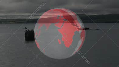 Boat gliding into frame starting globe overlay fading rotating clockwise visualizing continents