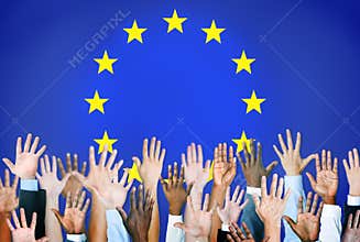 Diverse Hands with the European Union Flag