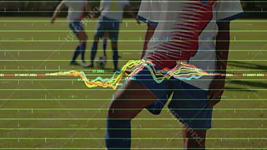 Female soccer player balancing ball tapping demonstrating control skills with grid waveform overlay