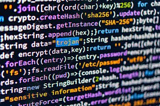 Trojan. A close-up of a computer screen displaying colorful text with encryption codes data, encrypt, decrypt, SHA256