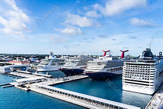 Cruise ships MSC and Royal Caribbean and others at Nassau port in Bahamas