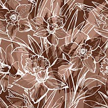 Daffodil narcissus flowers seamless pattern in mocha mousse tones.