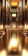 Glowing Golden Corridor with Reflective Surfaces and Futuristic Design