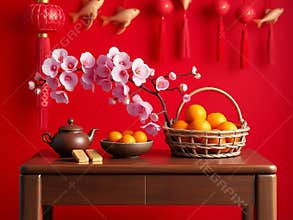 Chinese New Year Table Decorations: Traditional Tea, Orchids and Oranges.