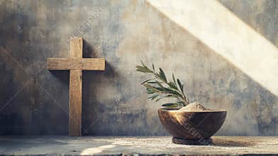 Bowl with ashes, olive branch and cross, symbols of Ash Wednesday