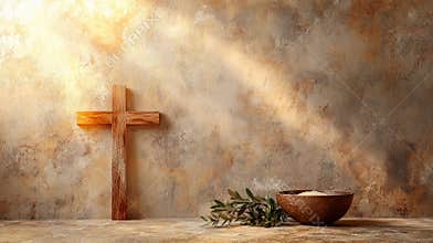 Bowl with ashes, olive branch and cross, symbols of Ash Wednesday