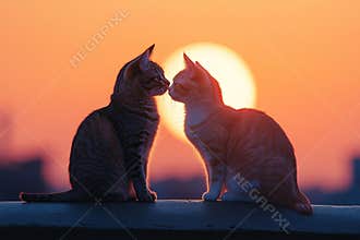 Two cats sitting on a roof and nuzzling each other at sunset. Valentine's Day concept. Generated by artificial