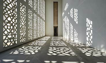 Sunlight patterns dance across modern architectural corridor