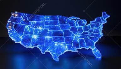 Blue Dimensional United States Map Symbol With Fibre Optic Cell Cables And Shining Center Dots