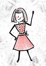 The student, a young girl in a red dress, stands, shows, talks
