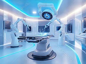 Modern, advanced medical operating room with robotic arms, central console, possible MRICT imagery monitor, patient