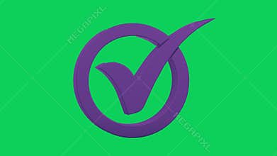 Animated violet check mark appears. Flat vector illustration isolated on green background