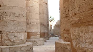 columns in karnak temple with ancient egypt hieroglyphics