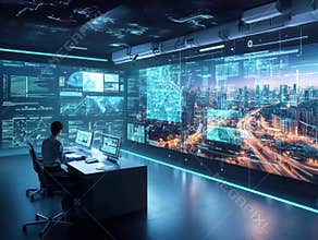 A dimly lit, high-tech indoor setting likely used for surveillance, traffic management or complex monitoring Features