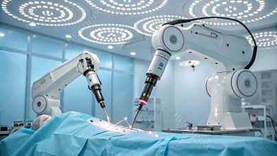 Robotic surgery, advanced medical robots performing operation in hospital