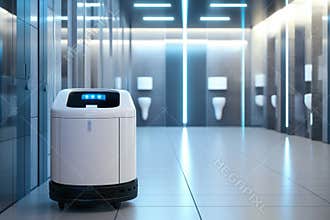 Innovative cleaning robot in a modern restroom setting at night