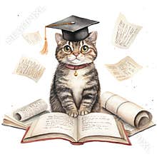 Clever tabby cat with graduation cap surrounded by open books and rolled certificates, playful and scholarly in clipart